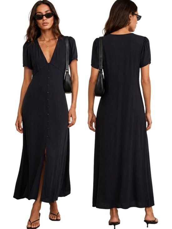Monrow Dresses & Skirts - Monrow Revolve Crepe Button-Down Midi Dress Women's Small Black V-Neck Flowy NWT